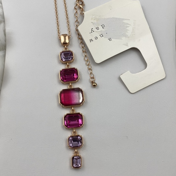4/$20 A New Day Pink, Purple Rhinestone Gem and Gold Tone Chain Pendant Necklace - Picture 5 of 6